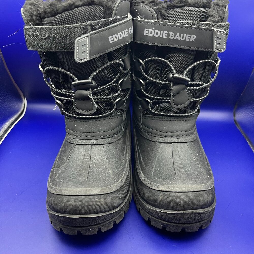 Eddie Bauer Kids Black Insulated Winter Snow Boots Size 2M Faux Fur Waterproof